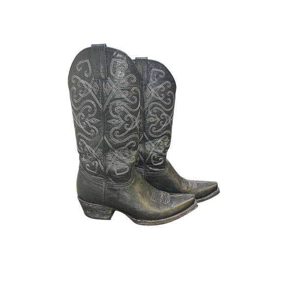 Cavenders Black Western Cowboy Boots w/White Embroidered Heart & Swirl Design - Picture 1 of 8